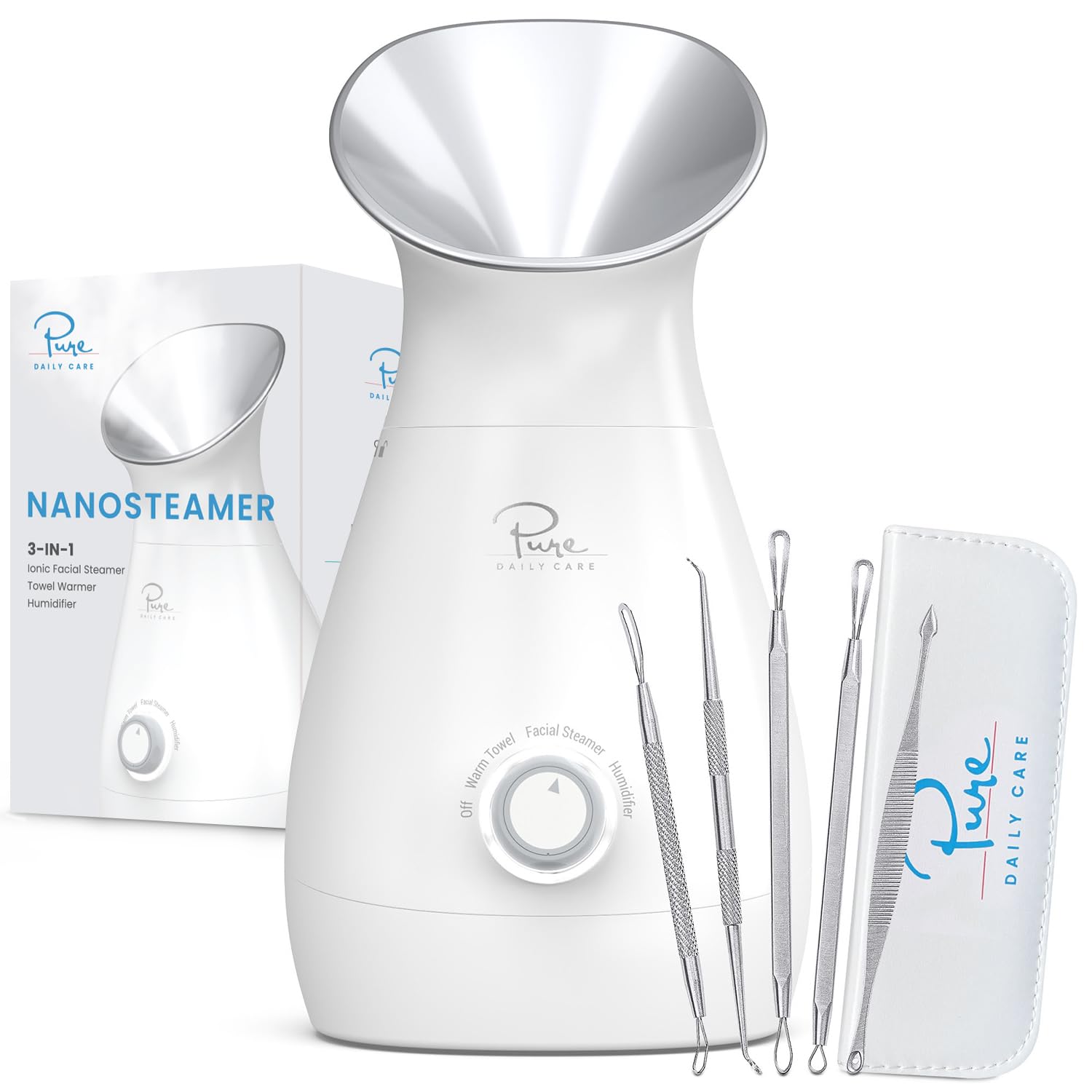Pure Daily Care NanoSteamer Large 3-in-1 Nano Ionic Facial Steamer with Precise Temp Control - Humidifier - Unclogs Pores - Blackheads - Spa Quality - Bonus 5 Piece Stainless Steel Skin Kit (Teal)
