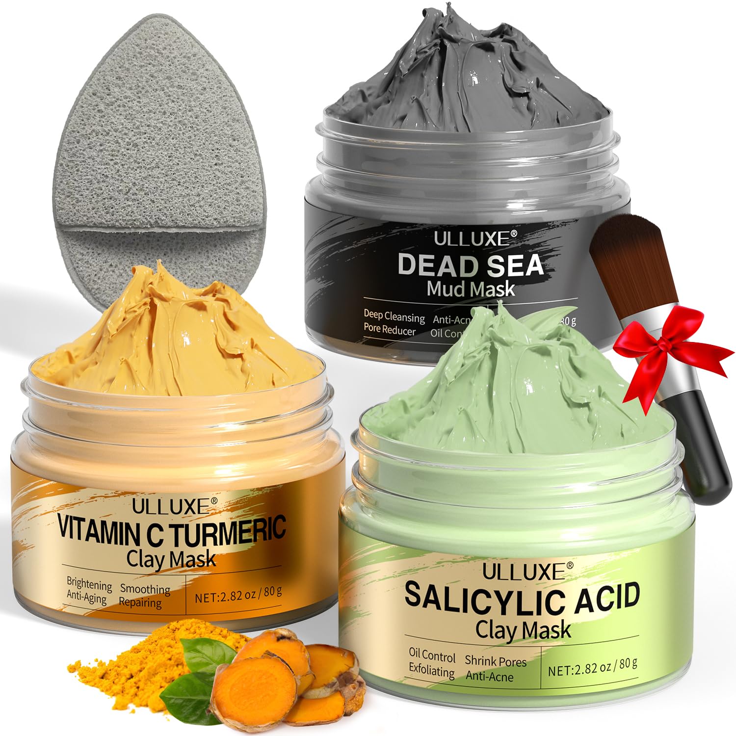 Facial Clay Mask Set - Vitamin C Turmeric Face Mask, Dead Sea Mud & Salicylic Acid (BHA) Mask for Pore Cleansing, Brightening, Blackheads & Dark Spots, Face Masks Skincare Gift for Women, 2.82 oz each